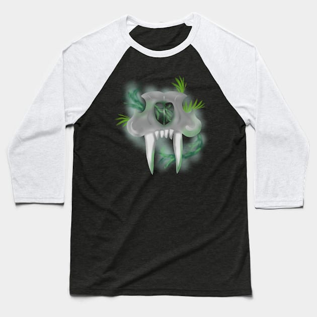 Saber Tooth Tiger Skull With Magical Swirling Mist Baseball T-Shirt by Bit and Bauble Boutique